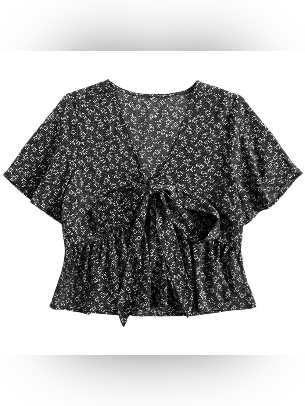 Black & White Floral Print Ruffle Hem Crop Top Blouse